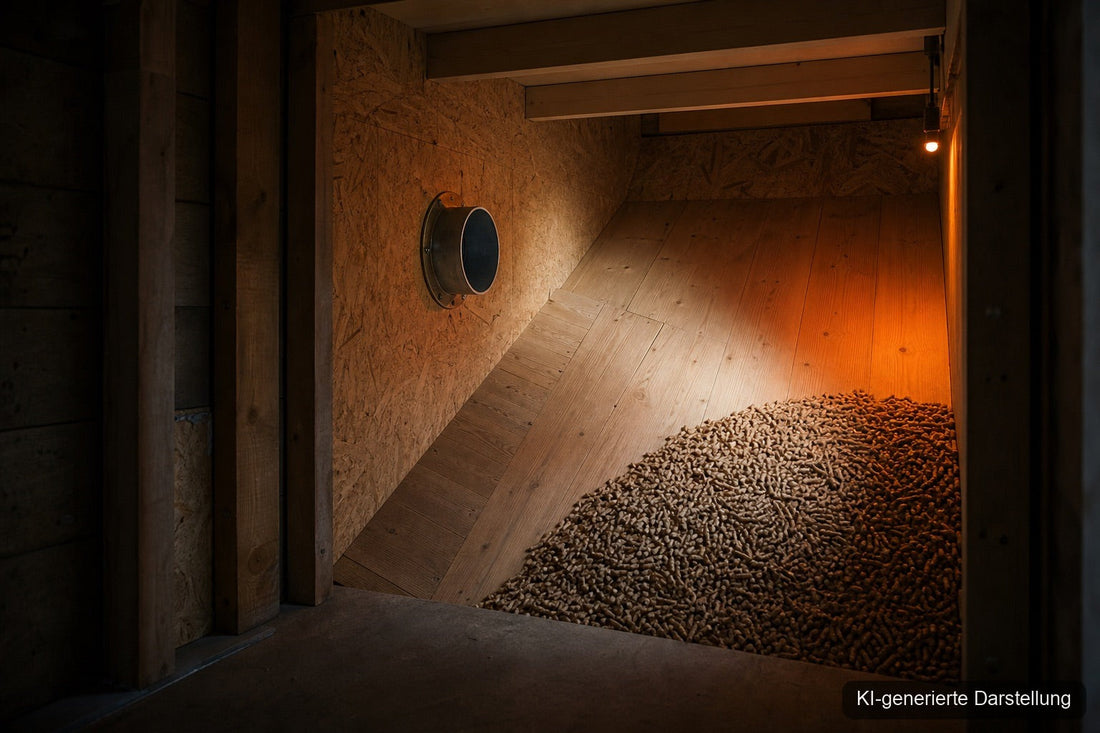 Pelletlager im Keller mit Schrägboden, Einblasstutzen und Pelletkegel (KI-generierte Darstellung)